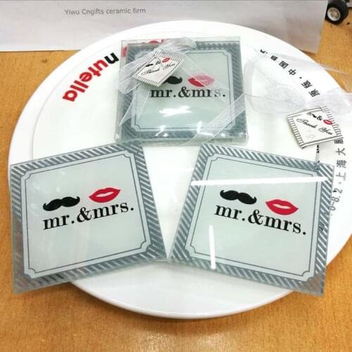 200pcs/lot=100sets love theme square Mr. & Mrs. coaster sets favors for wedding showers party home tableware supplies souvenirs