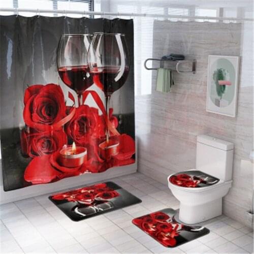 4Pcs/set Bathroom Mat Set Non-slip Valentines Day Rose Wine Bath Mat Shower Curtain Floor Mat Washable Bathroom Toilet Rug
