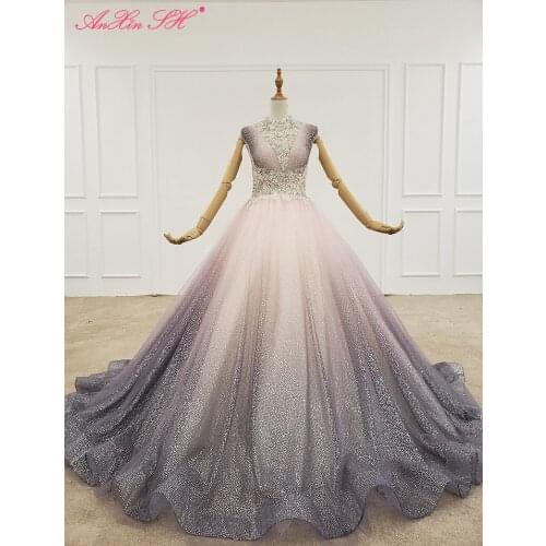 AnXin SH Luxury princess light purple sparkly lace beading crystal illusion sleeveless o neck bride wedding dress 100%real photo