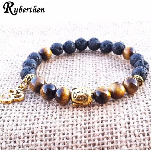 Ruberthen Spiritual Meditating Yoga Bracelet Wrist Mala Tigers Eye Bracelet Mens Buddha Bracelet Lava Bracelet Om Bracelet