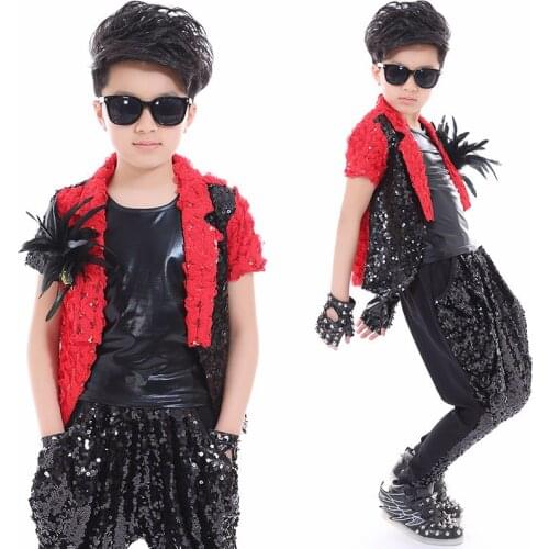 Child Jazz Dance Costume Boys Street Dance Clothing Feather Sequin Set Hip Hop Performance Outfit Model Stage Wear Cool DNV14070