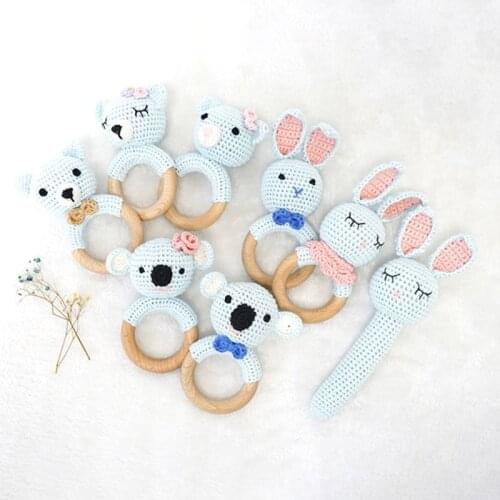 Baby Wooden Teether Ring DIY Crochet Bunny Rattle Cotton Dog Soother Bracelet Infant Teething Molar Play Toys