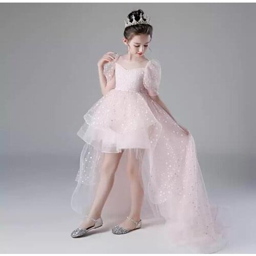 Flower Girl Dresses Illusion O-Neck Embroidery Princess Knee-Length Tulle Lace Short Luxury Pink Elegant Kids Party Gown H435