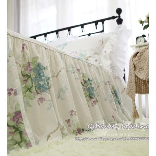 Elegant pastoral purple grape bed skirt cotton lotus leaf lace bedding duvet cover set for home