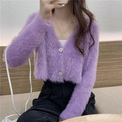 Cropped Cardigan Sweater V Neck Mink Cashmere Sweater Women Oversized Christmas Sweater Fuzzy Cardigans 2020 Korean Winter Pull