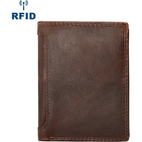 RFID Blocking Crazy Horse Genuine Leather Mens Wallet Man Cowhide Coin Purse Small Brand Male Credit ID Multifunctional Walets
