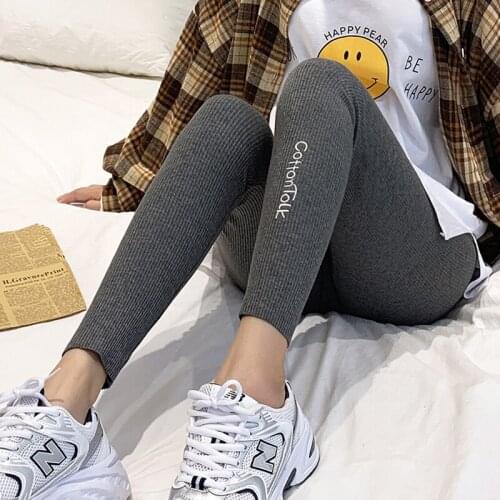 Elifashion Threaded Leggings Autumn Winter Pure Cotton Nine-point High-waisted Feet Tights Women Outer Wear Embroidery Letters