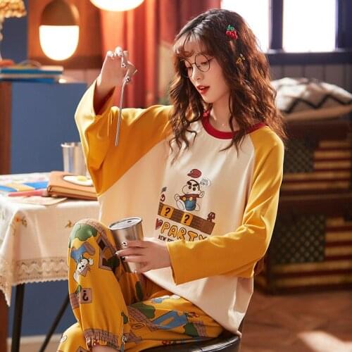 Summer Cotton Pajamas Female Cartoon Cute Girl Long-sleeved Pants Plus Size Loose Household Set