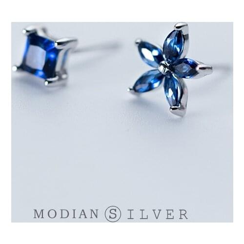 Modian Exquisite Luxury Blue Flower Plant Square Zircon Jewelry For Women Real 925 Sterling Silver Fashion Female Stud Earrings