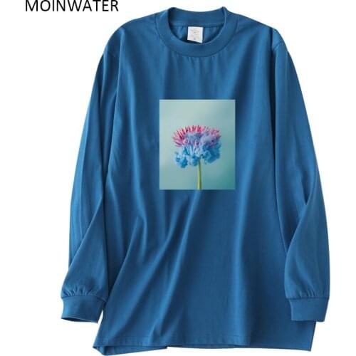 MOINWATER Lady New 2021 Blue Tees Women Flower Pattern Long Sleeve T shirts Female White Autumn Cotton Tops MLT2125