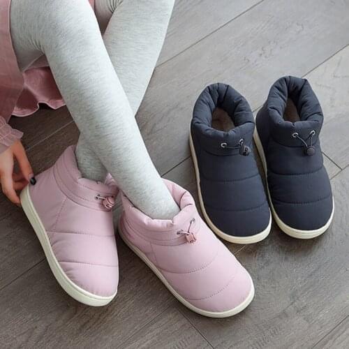 Mens Winter Shoes Down Cloth Home Slippers Women Warm Plush Fluffy Inside Fur Slippers Slip-on Flat Snow Boots Casual Men Mules