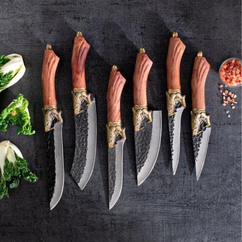 Handmade Forged Very Sharp Slicing Boning Salmon Viking Knife High Carbon 5Cr15CoMoV Steel Kitchen Knives Set Brass Dragon Decor