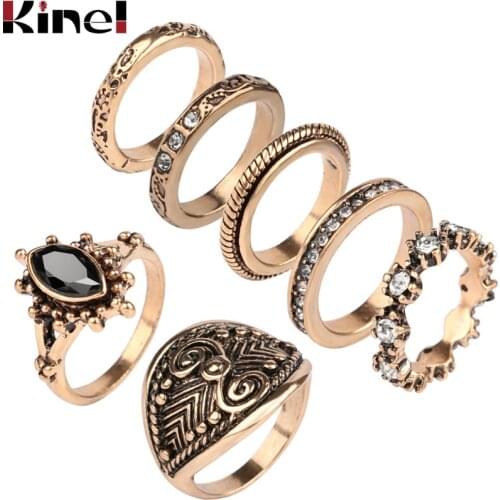 Kinel 7pcs/Set Bohemian Finger Rings For Women Antique Gold Color Punk Resin Bohemian Midi Ring Set Fashion Vintage Jewelry