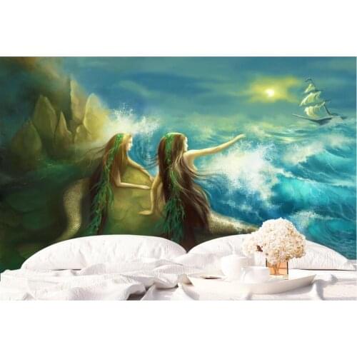 Wall paper 3 d home decor custom mural on the wall Mediterranean mermaid sailing huge waves photo wallpaper in the living room