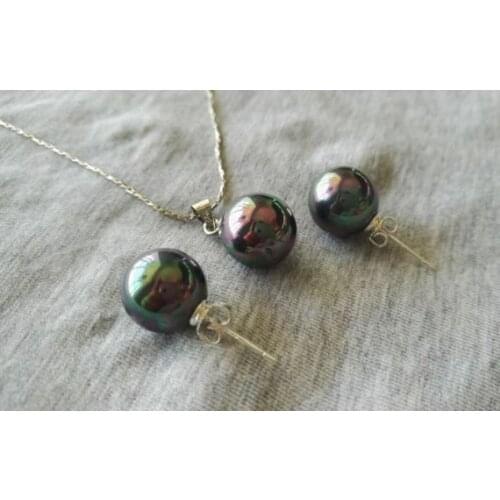 New Arriver Shell Pearl Jewellery Set 14mm Peacock Green Color Shell Pearl Pendant Necklace 10mm Silver Dangle Earrings