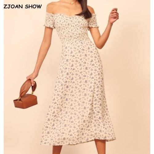 Retro Elegant Elastic off Shoulder Long Dresses France Blue Floral Print Vintage Back Zipper Women Summer Dress