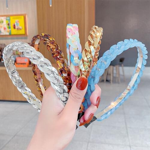 Resin Metallic Chain Headband Alloy Hair Hoop Geometric Twisted Wide Hair Band Brown Transparent Hairband Bezel Hair Accesories