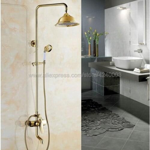 Luxury Gold Color Brass Shower Faucets Set Brass Rainfall Shower Mixer Tap Swivel Tub Spout Bathroom Shower Faucet Kgf313