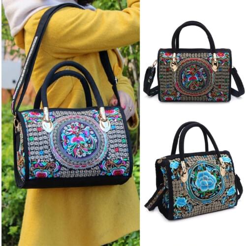 THINKTHENDO New Women Floral Embroidered Handbag Ethnic Boho Canvas Shopping Tote Zipper Bag National style Flower Print Bag