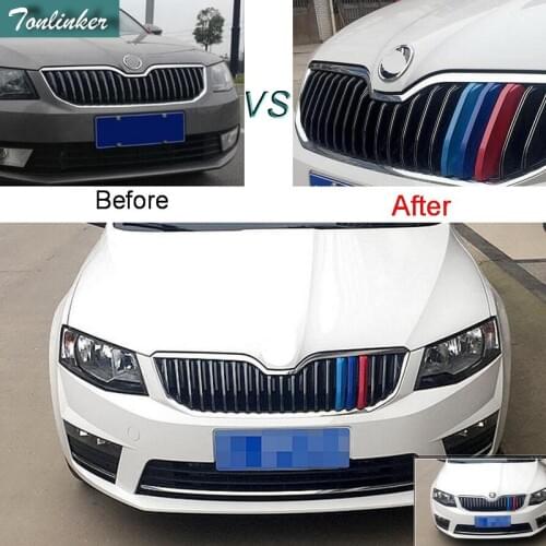 Tonlinker 3 Pcs 3D DIY Car Styling ABS Front Grille Trim Sport Strips sticker Cover Case Stickers For SKODA OCTAVIA A7 2015-17
