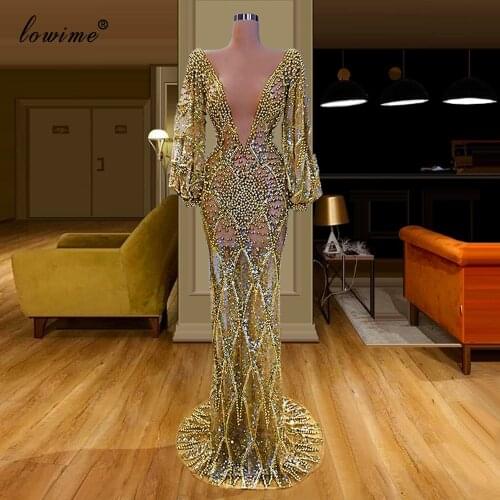 Gorgeous Gold Sexy Evening Dresses Long Sleeves Formal Prom Dresses Women Party Night Mermaid Celebrity Dress Abiti Da Cerimonia