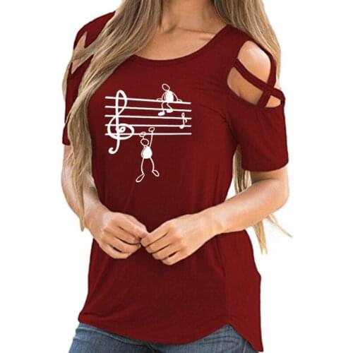 Cartoon Music Note Print Shirt Female Harajuku Off Shoulder Student Music Lover Gift Vintage T-Shirt Women Hollow Femme Tops