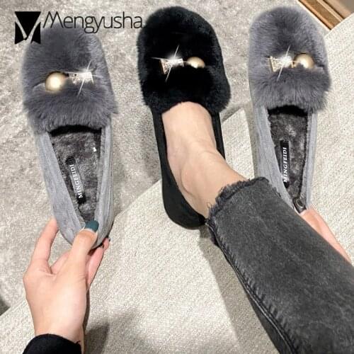 Round & square metal decoration rabbit fur flats women cotton shoes crystal buckle plush loafers women furry moccasin big size43