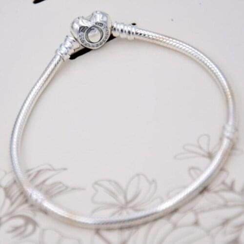100% 925 Sterling Silver Pan Bracelet Crystal Wishful Heart Snake Chain Bracelet Fit Women Bead Charm DIY Jewelry