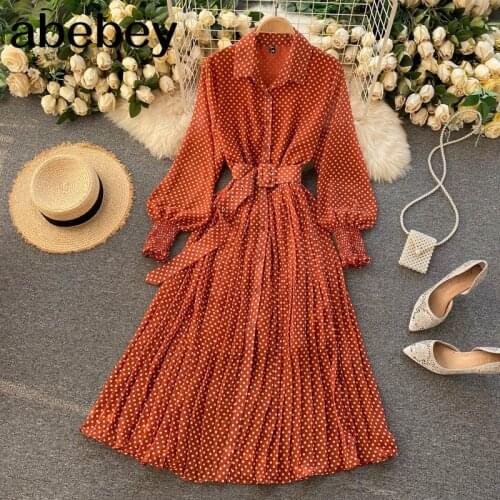 Spring And Summer French Vintage Maxi Dress 2021 Sundress Ladies Long Sleeve Orange Polka Dot Chiffon Pleated Dresses Femme Robe