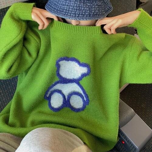 Full Sleeve WomenS Knitted Sweater Street Harajuku Cartoon Bear Knitted Sweater WomenS Embroidery Jacquard Pullover Patchwork