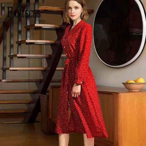 Women Casual V Neck black red dot Print Dress Long sleeve A-Line Summer Party Chiffon Elegant Casual Midi Dresses dropshipping