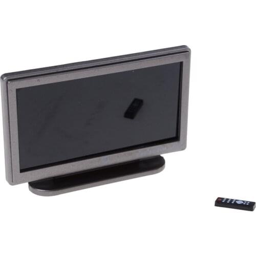 1set Mini Wide Screen Television Flat-Panel LCD TV w/ Remote Gray Pretend Play Furniture Toys For Child Dollhouse Miniature