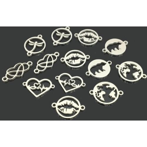10pcs Infinity Love/World Map/Bear/Dragonfly/Lips/Heartbeat Love Stainless Steel Wish Bracelet Necklace Connect Pendant Charm