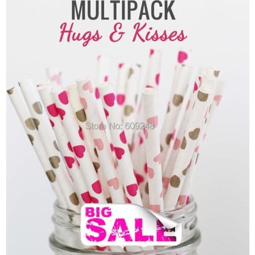150pcs Mixed Colors HUGS & KISSES Themed Paper Drinking Straws, Pink, Gold and Hot Pink Heart, Valentines Day, Wedding
