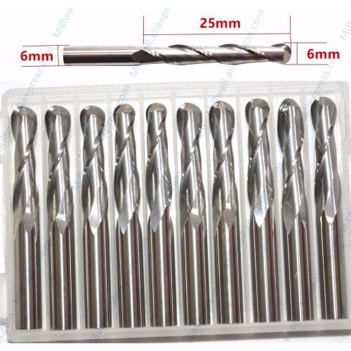 6mm*25mm-10pcs,free shipping cnc solid carbide end mill,woodworking router bit,wood tool,2 flute ball nose spherical cutter