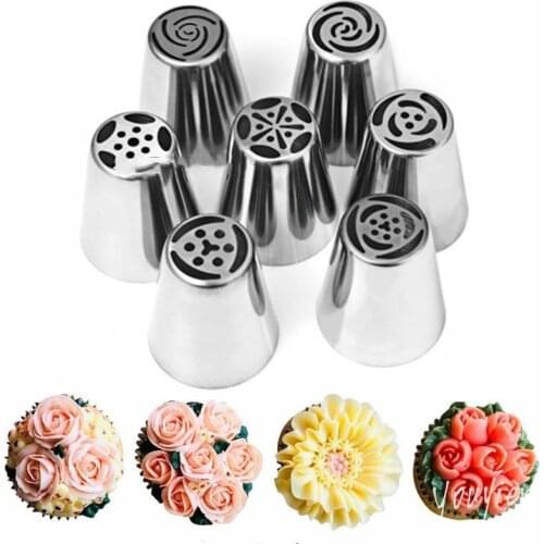 7pcs Russian Icing Piping Nozzles Tulip Stainless Steel Flower Cream Cake Pastry Tips Leaf Nozzles Silicone Bag Cupcake Dessert