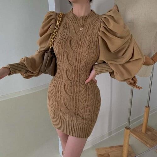One-Piece Knitted Ribbed Bodycon Mini Dress Autumn Winter Dresses For Women New Patchwork Robe Sweet Puff Sleeve Korean Vestidos