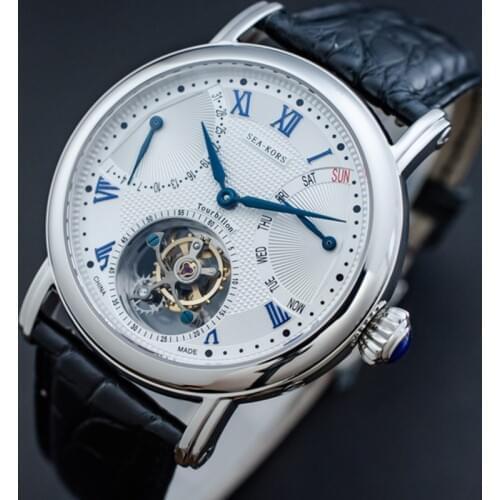 Sapphire Original Mens Tourbillon Watches Calendar Week Display Top Brand Crocodile Leather Men Hand Wind Tourbillon Watch 50m