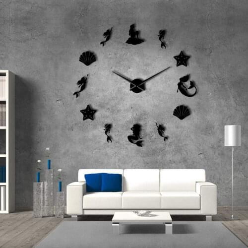 Fantasy Mermaid Wall Art DIY Large Mute Wall Clock Under The Sea Party Favor Frameless Giant Clock Watch Ocean Beach House Decor