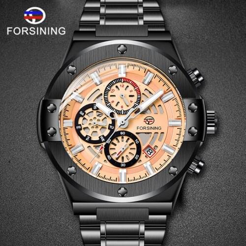 Forsining Three Dial Stainless Steel Men Mechanical Automatic Wrist Watches High Quality Top Luxury Causal Sport Male Clocks