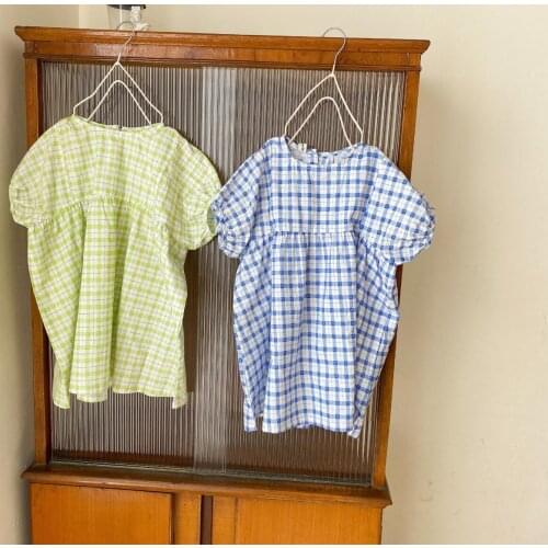 2021 Korea style girls plaid dress fashion cotton linen summer girls dresses