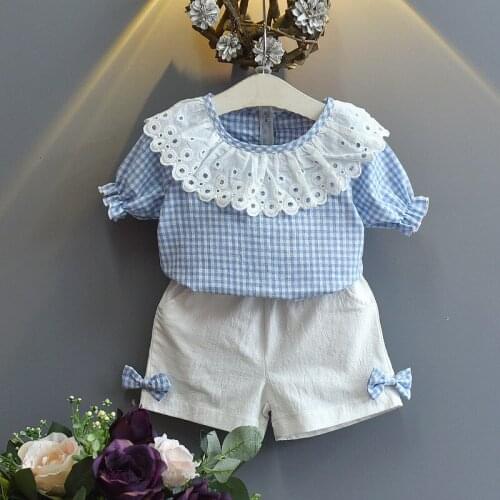 Girls Sets 2020 Summer New Childrens Wear Girls Personality Casual Plaid Short-Sleeved Shirt + White Bow Shorts Two-Piece Suit
