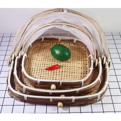 Storage Basket Food Basket Hand-Woven Dustproof Rectangular Baskets Container with Mesh Garden Household Organizer