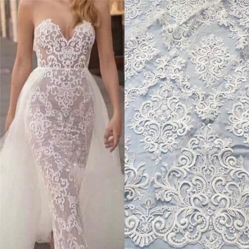 Hot Style 130 cm Top Quality Pure White Mesh Tulle Embroidery Lace Fabric Wedding Bridal Gown Lace Fabric 1 Yard