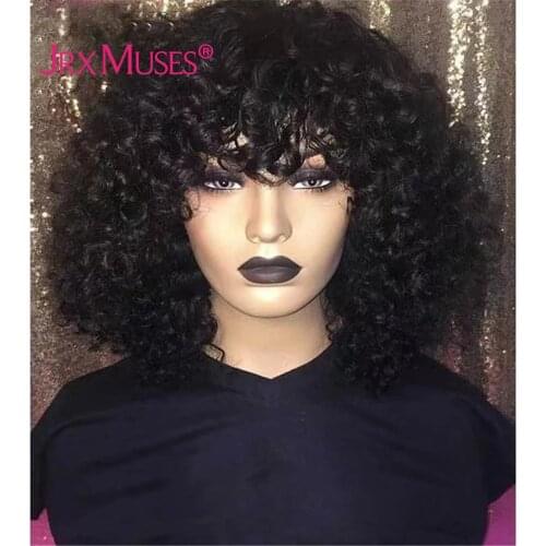 Kinky Curly Bob Human Hair Wigs With Bangs Curly Full Machine Made Wigs Glueless Brazilian Remy Hair Wigs Black Color For Women