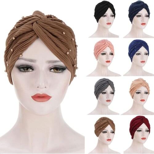 Muslim Inner Hijab Women Turban Hat Banadans Baotou Cap Hedging Cap Solid Pullover Cap Beaded Headscarf Bonnet Underscarf Caps