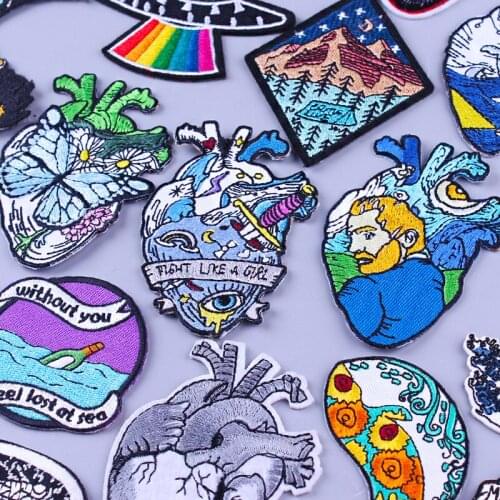 Heart Patch Adventure Rose Girl Wave Butterfly Embroidery Patches For Clothing Iron On Patches For Clothes DIY Stripes Van Gogh