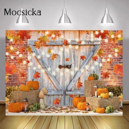 Fall Maple Leaf Portrait Backdrop Photocall Autumn Pumpkin Retro Door Wedding Photo Background Brick Wall Birthday Cake Smash