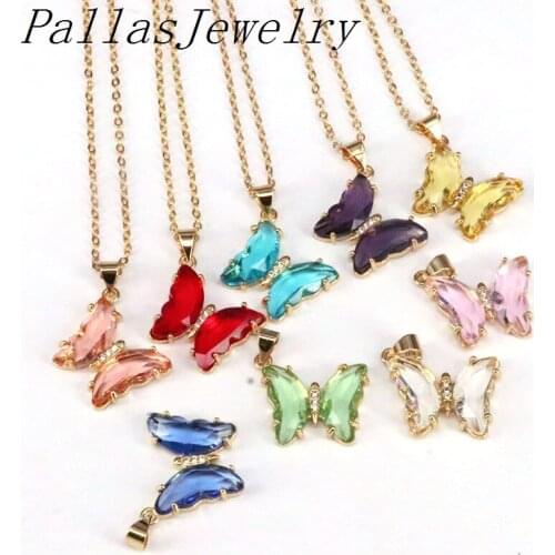 10Pcs Shiny glass pendant necklace,butterfly shape color glass charm necklace,fashion Female necklace Jewelry