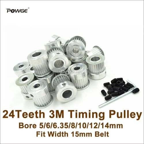 POWGE 50pcs 24 Teeth 3M Timing Pulley Bore 5/6/6.35/8/10/12/14mm Fit Width 15mm 3M Belt 24T 24Teeth 3M Pulley Engraving Machine